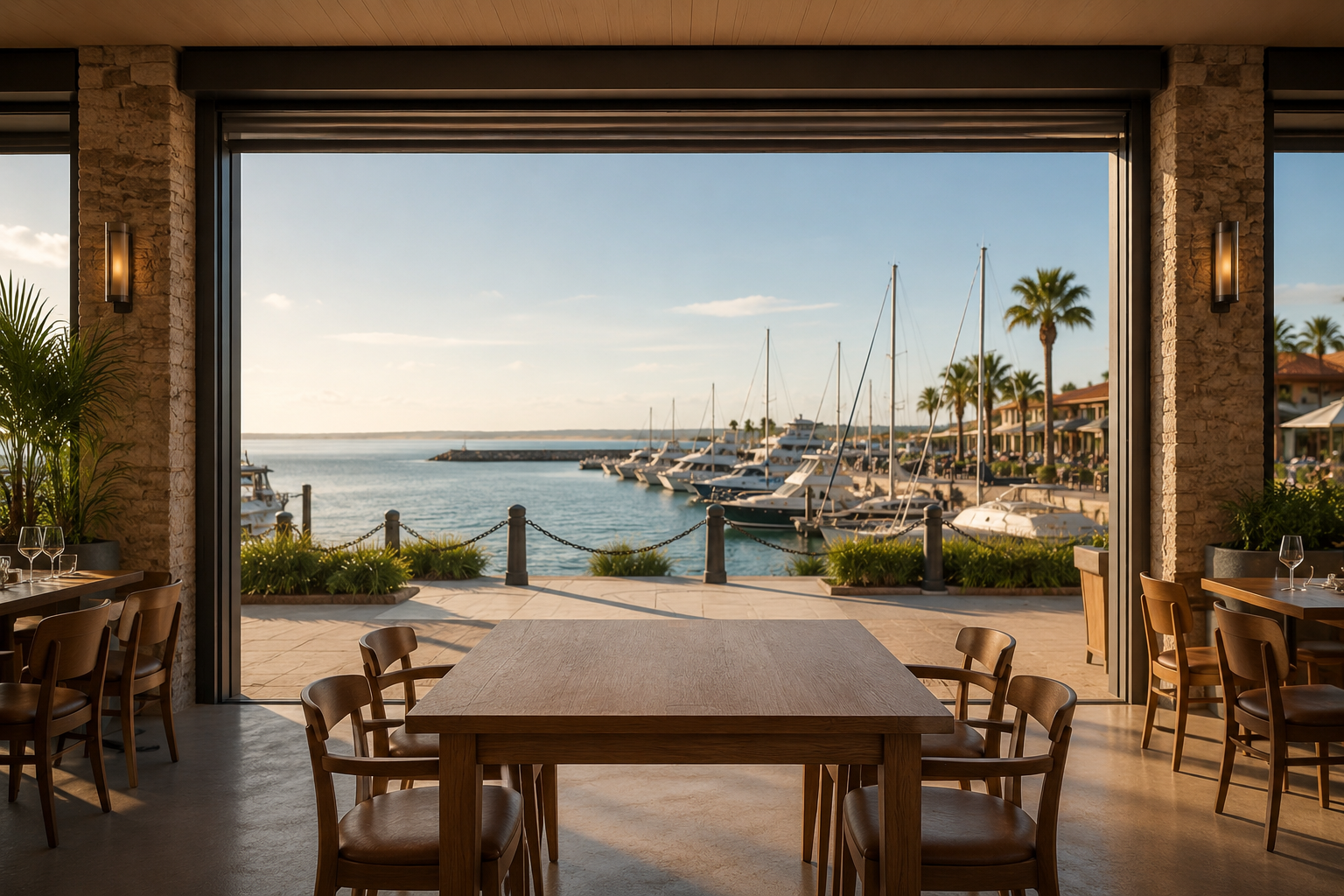 The same restaurant patio at dawn — screens fully retracted, empty and calm before service.