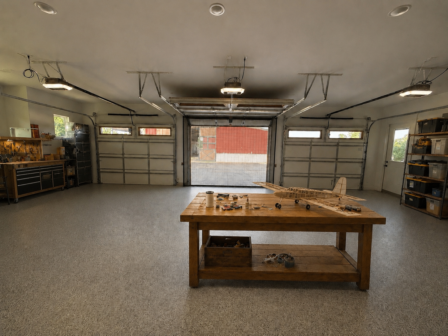A wooden workbench with a coffee cup, an open notebook, a record player and a plant — the garage becoming a room.