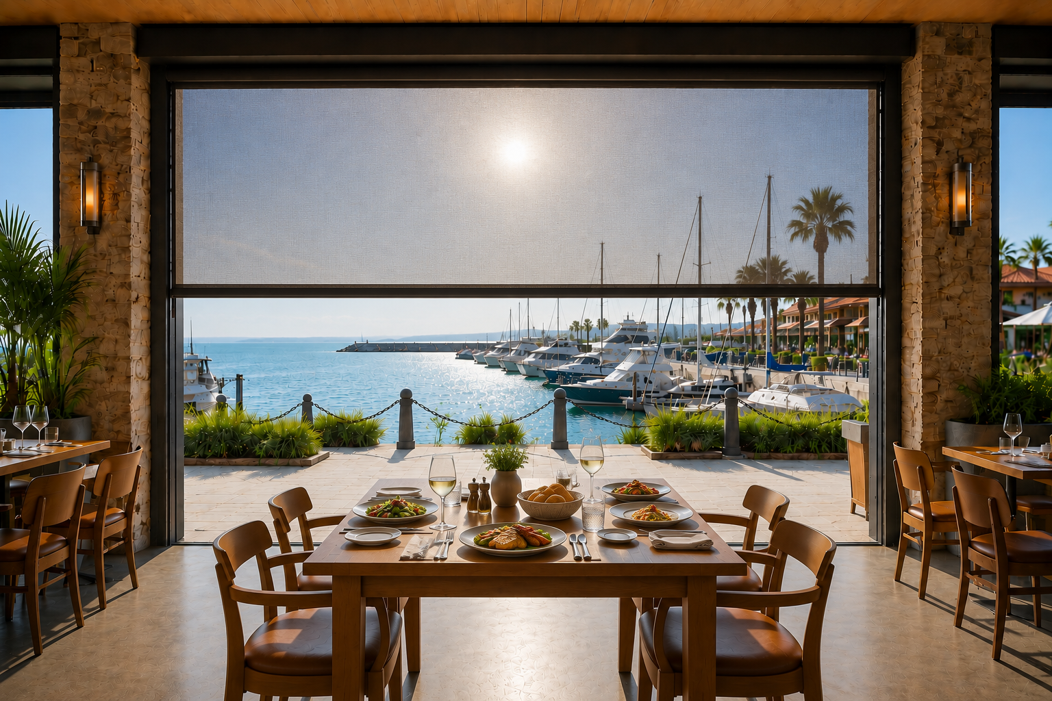 The same restaurant patio at dusk, screens down — a place where every moment of the day is welcome.