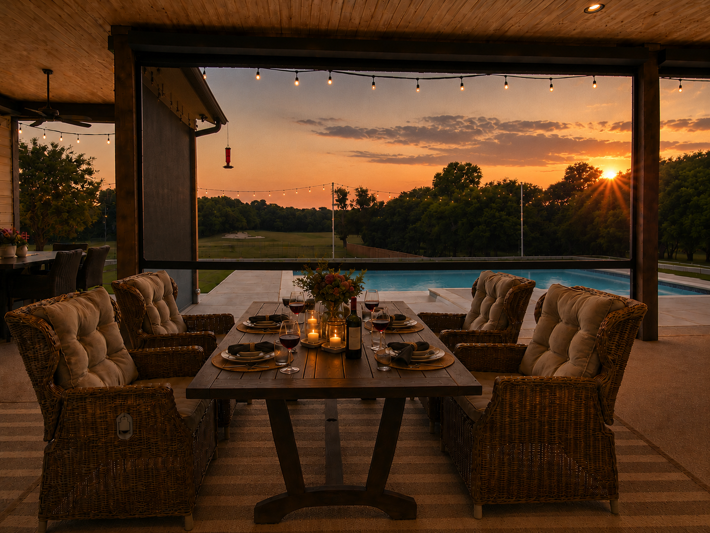 A circular dining table set with wine and flowers on a patio at dusk with lightning striking in the background behind a retractable screen