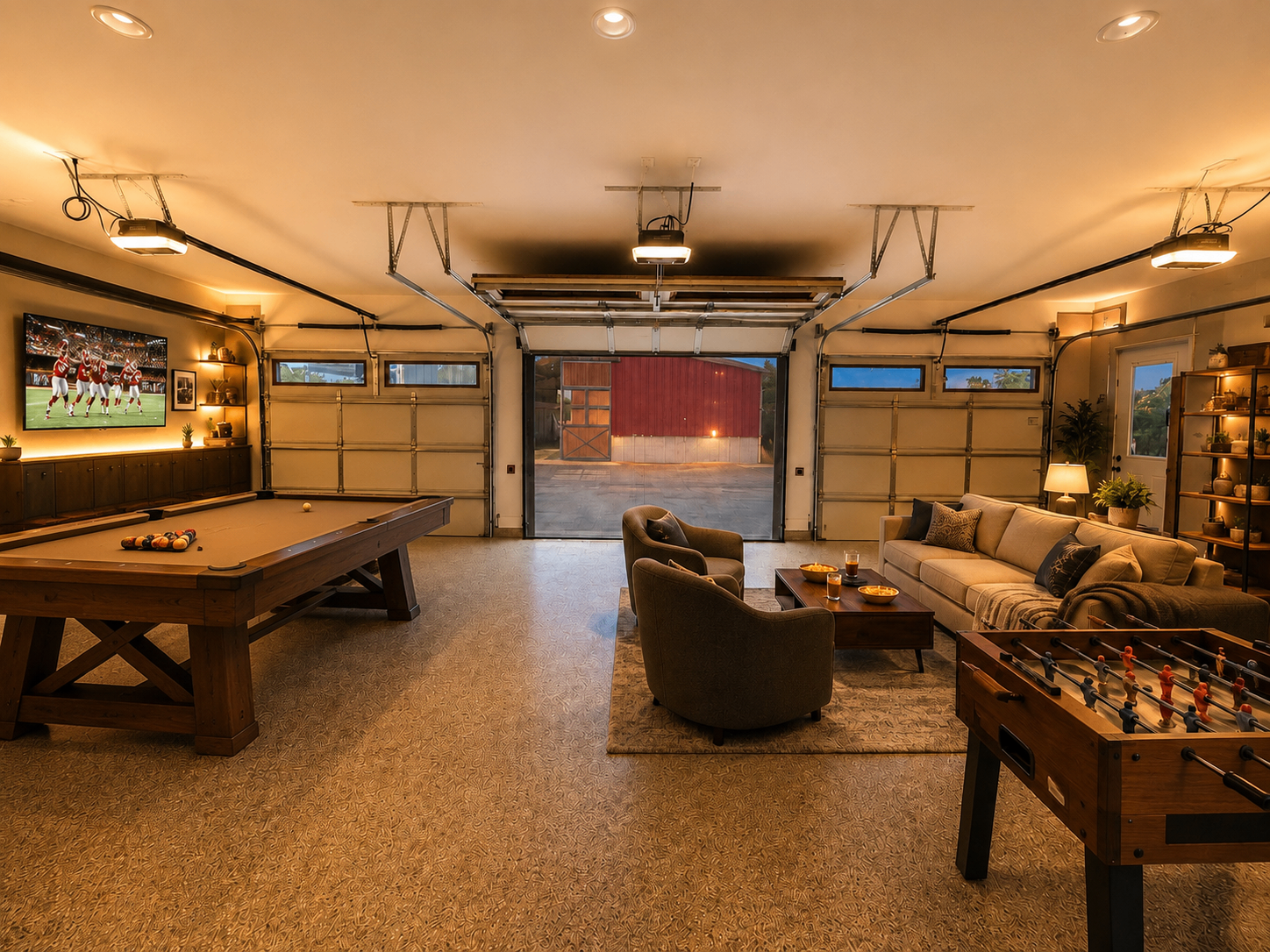 Friends gathered casually in a transformed garage — warm string lights, comfortable chairs, evening glow.