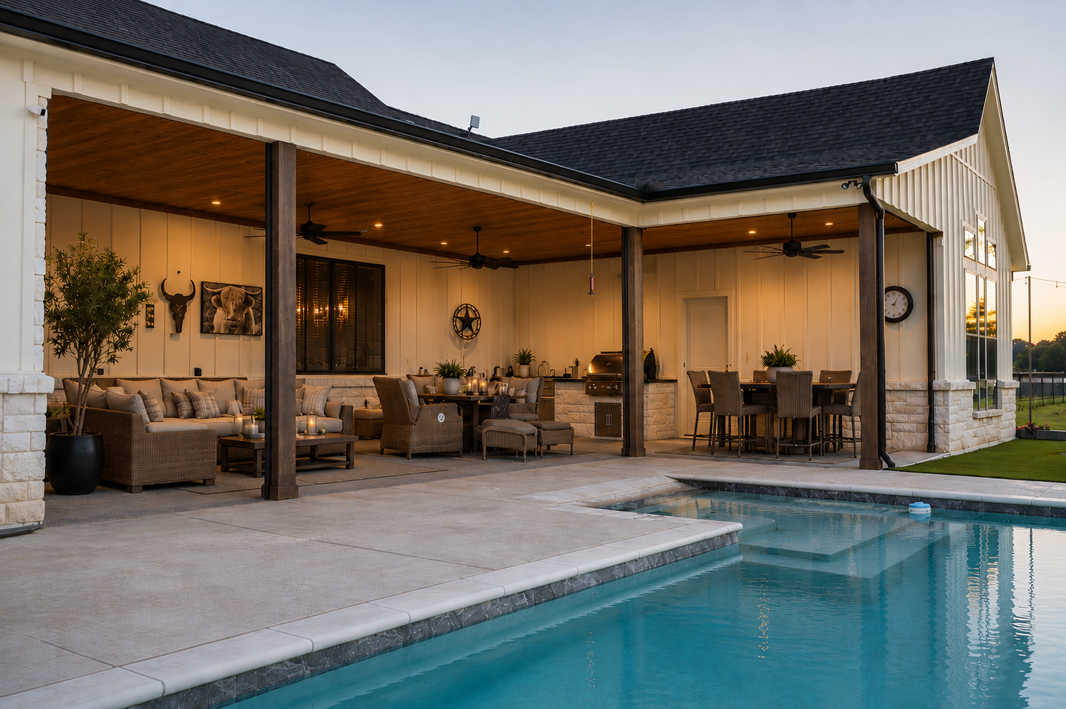 House #1 — main view of the covered patio and pool.