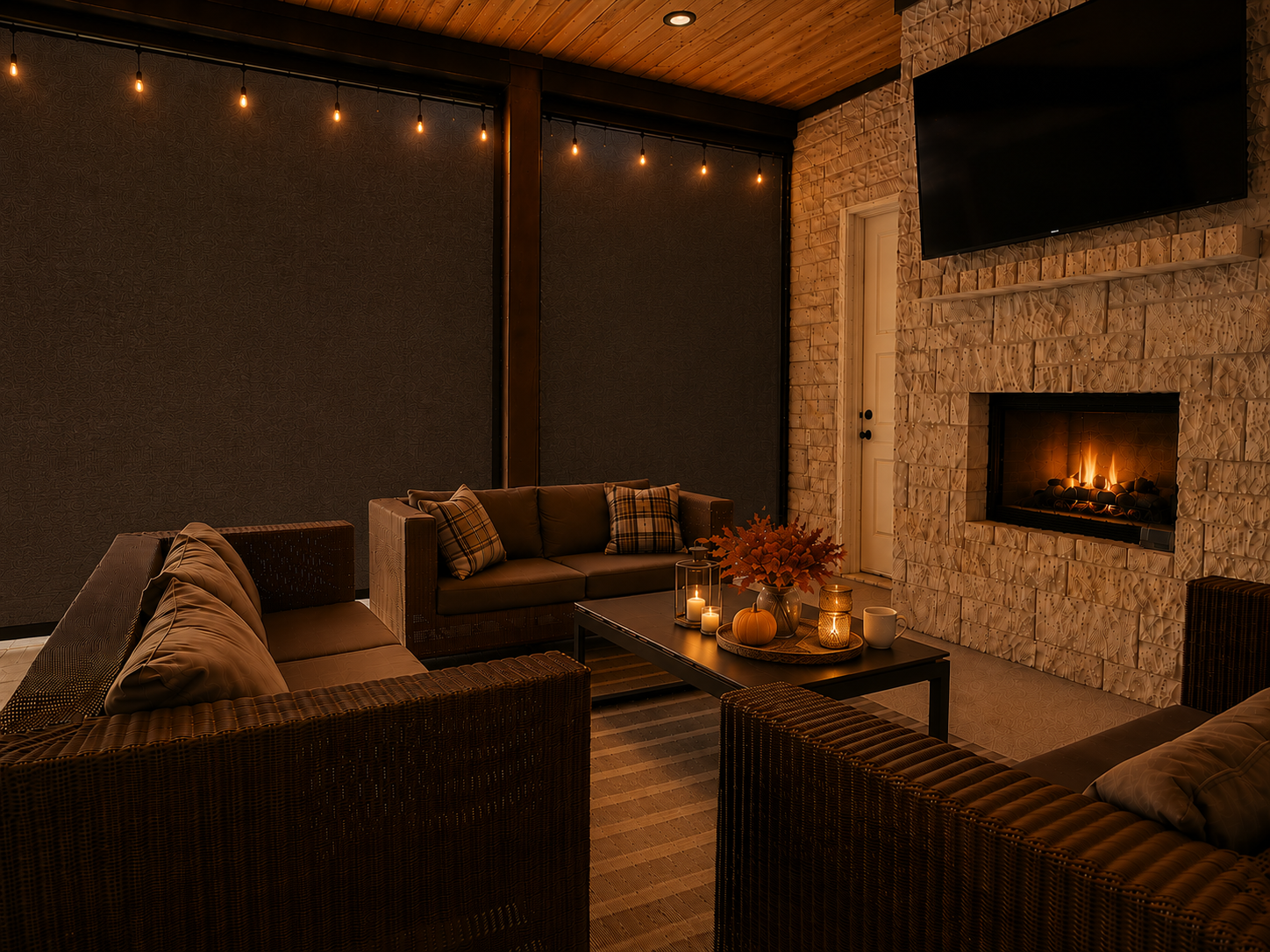 A cozy covered patio at night with a lit fireplace, candlelight, and autumn decor