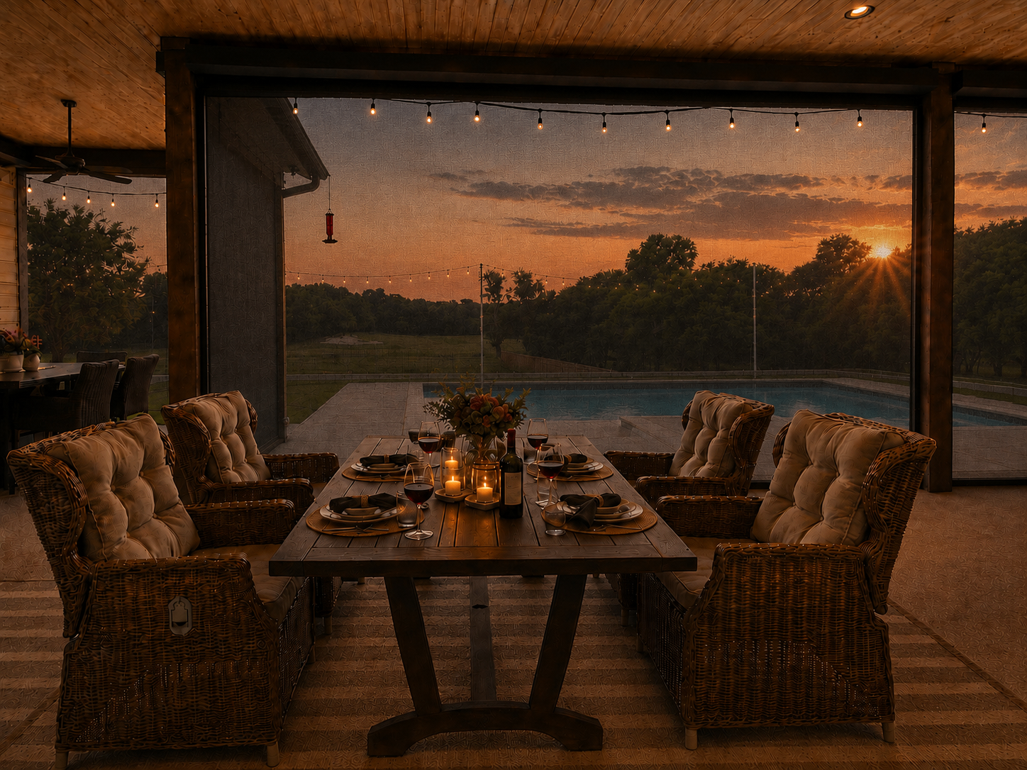 A circular dining table set with wine and candles on a covered patio at sunset with a pool in the background
