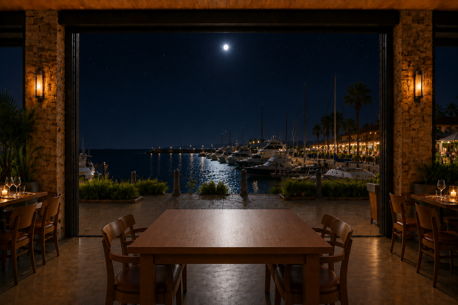 The same restaurant table at night after service. The screens are fully retracted, the opening unobstructed to the quiet Texas night.