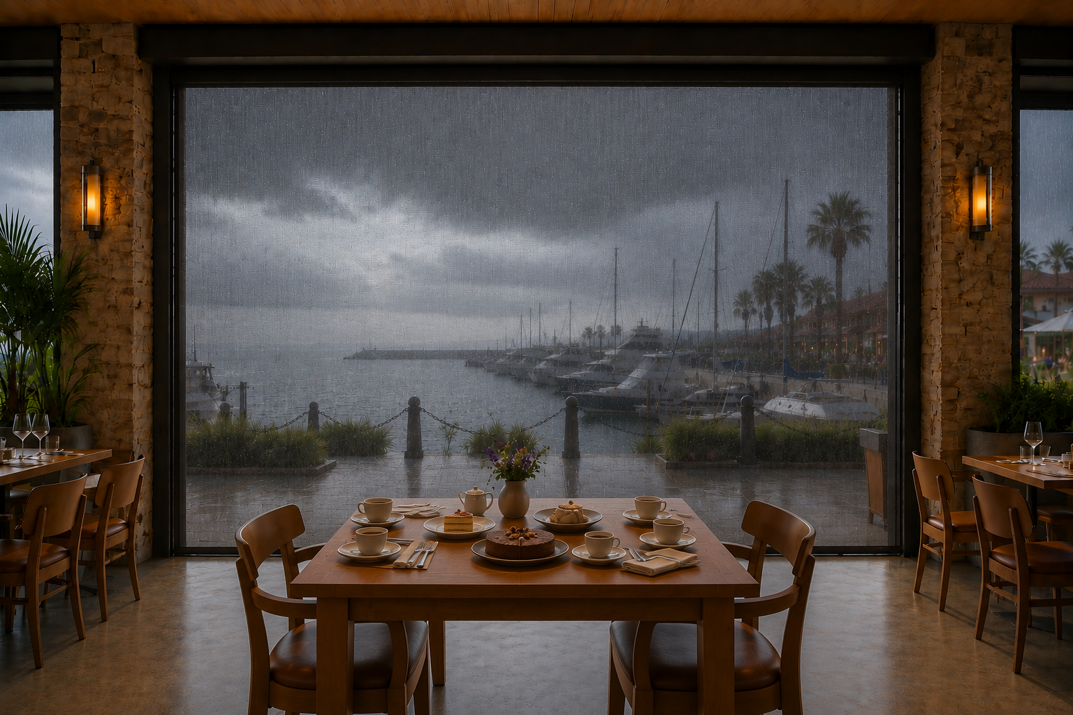 The same restaurant table with the retractable screens fully lowered. A Texas thunderstorm passes outside while guests continue their meal.