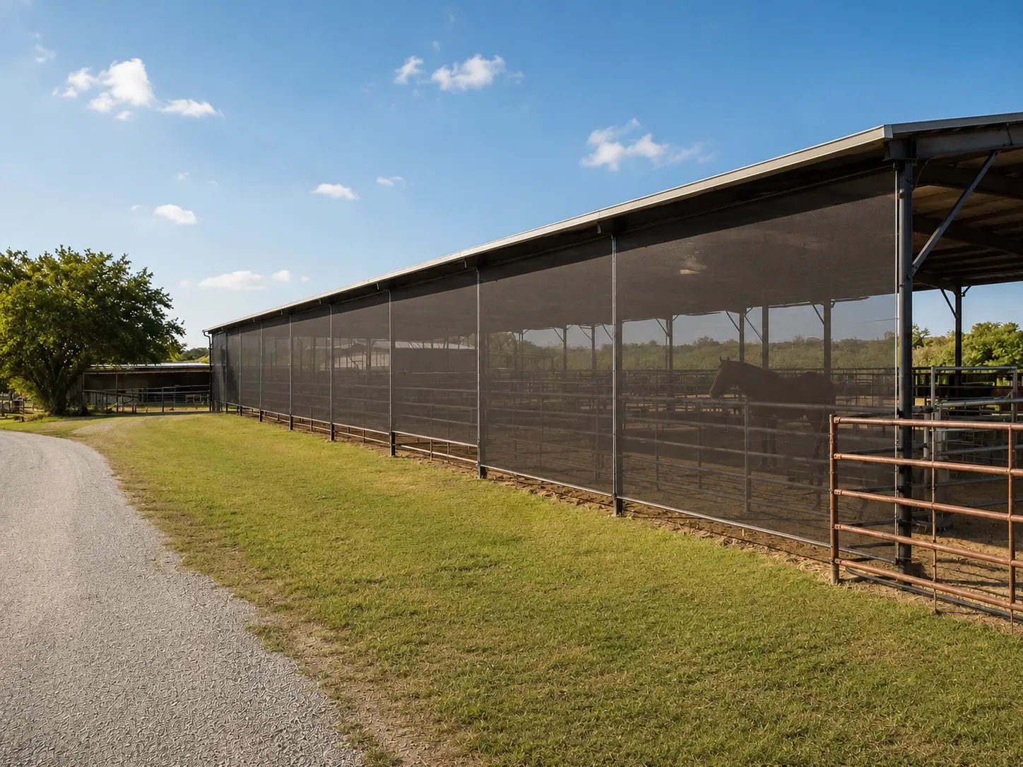 Real exterior photo of a horse barn with installed permanent screens.