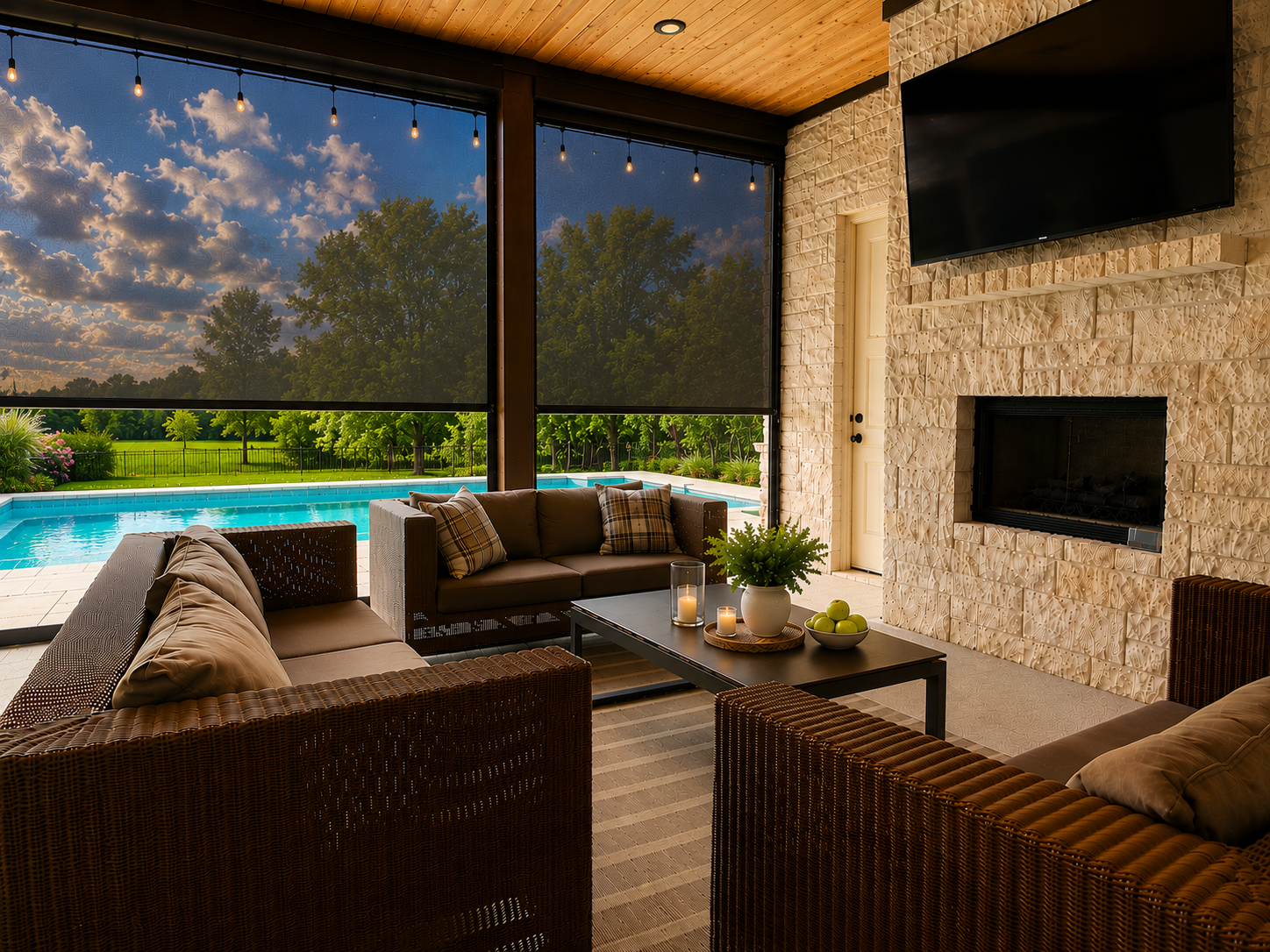 A comfortable covered patio with retractable screens, wicker seating and a fireplace overlooking a pool in summer