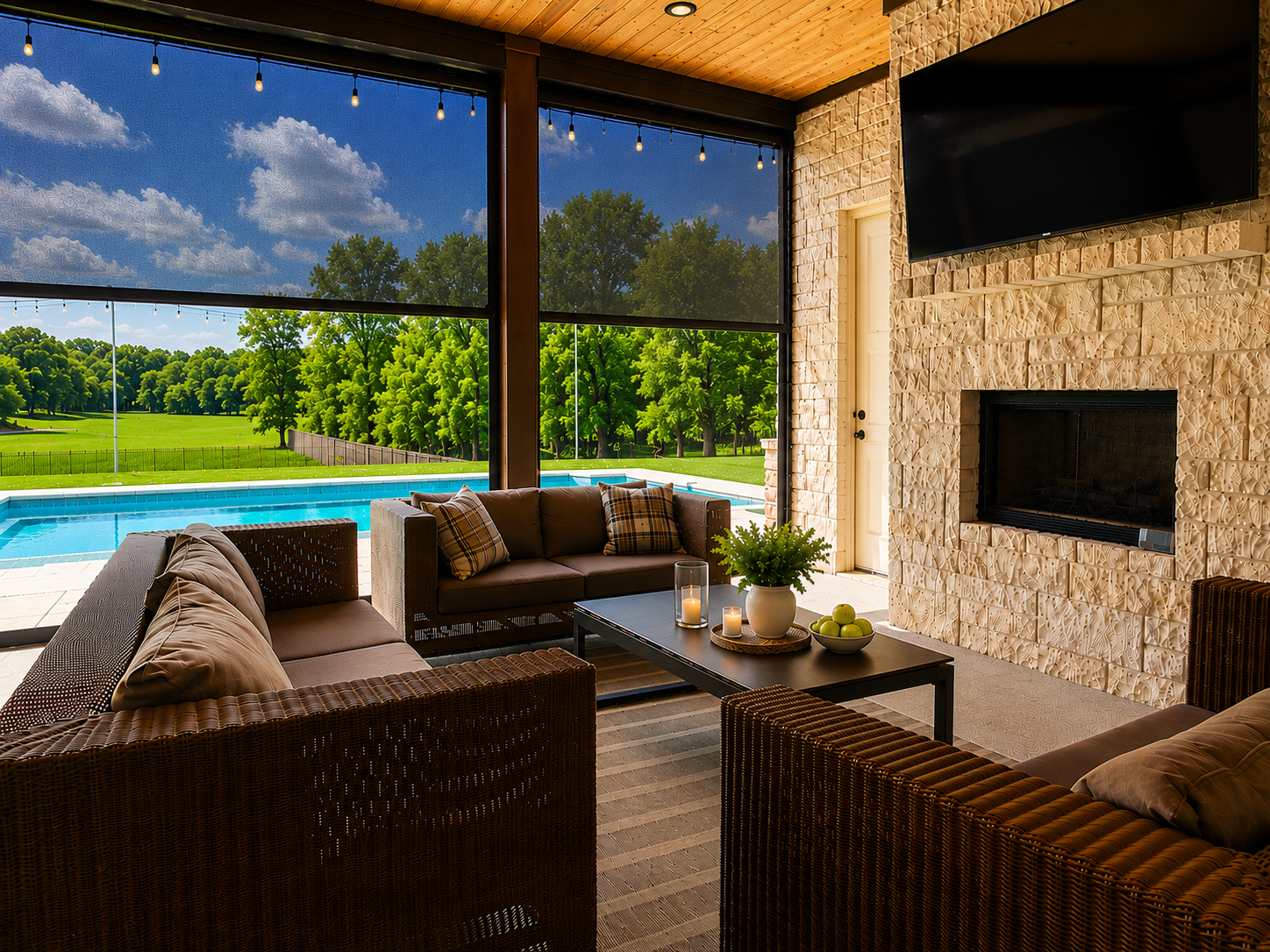 A luxurious covered patio area with dark retractable screens lowered, featuring wicker sofas, a fireplace, and a large TV overlooking a swimming pool