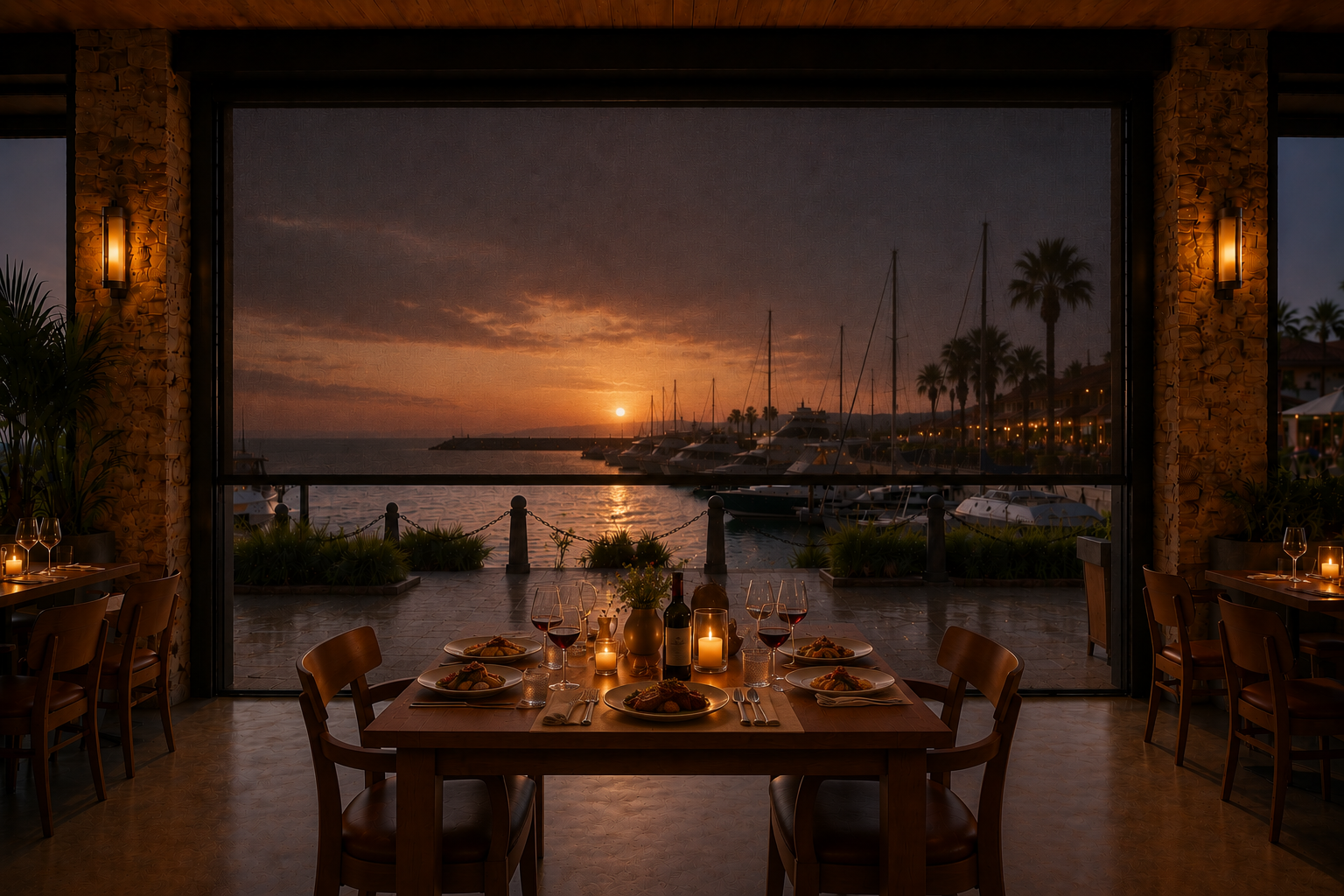 The same restaurant table at dusk with a candlelit dinner. The retractable screens are fully lowered; the blue evening sky visible through the mesh.