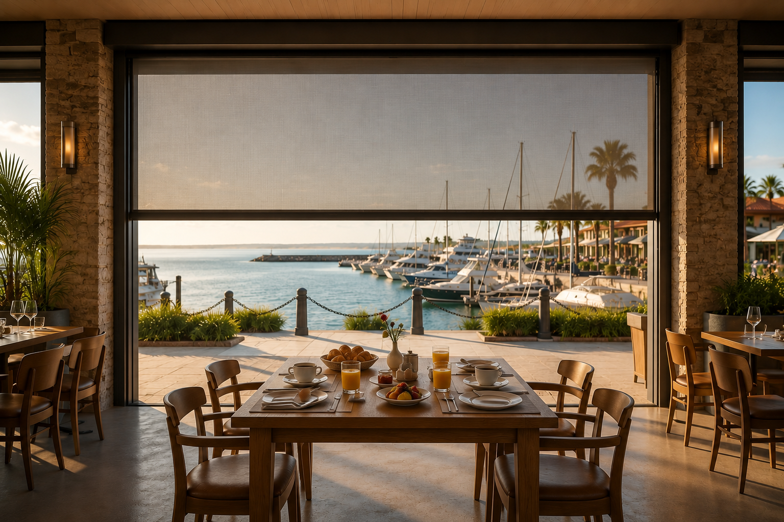 The same restaurant table set for lunch. The retractable exterior screen is lowered about one-third from the top, intercepting the direct midday sun.