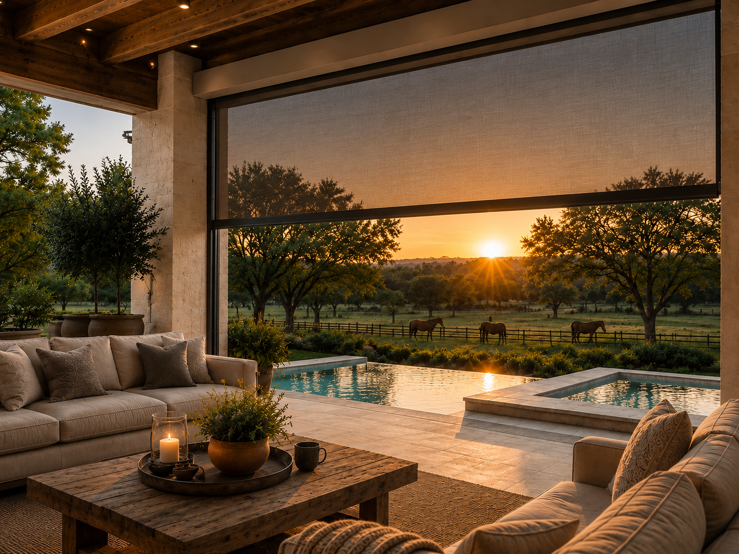 A warm outdoor living space at sunset where a subtle retractable screen disappears into the architecture