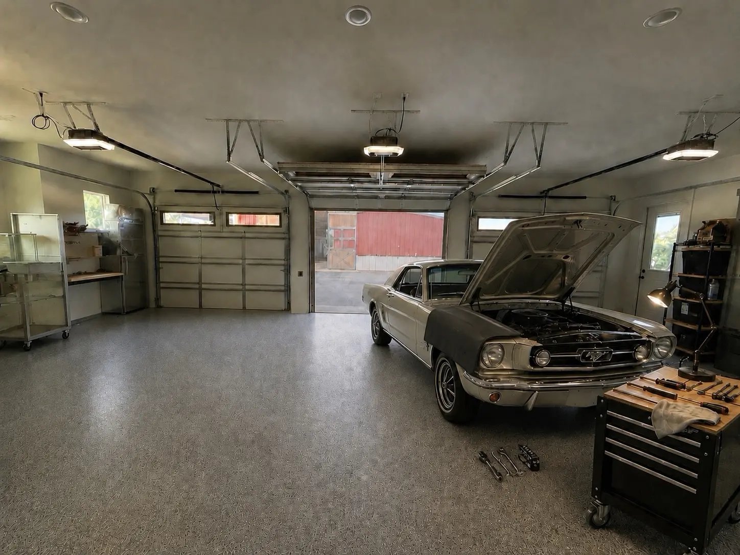 A classic first-generation Mustang rests in a spacious garage, hood open with a dark protective fender cover, tools nearby, the open door revealing daylight beyond.