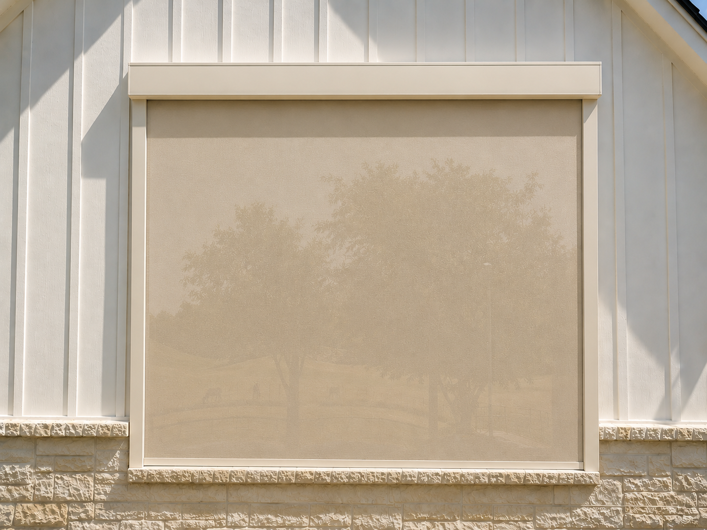 Exterior of a refined Texas home with retractable exterior solar screens clearly lowered in front of the windows.