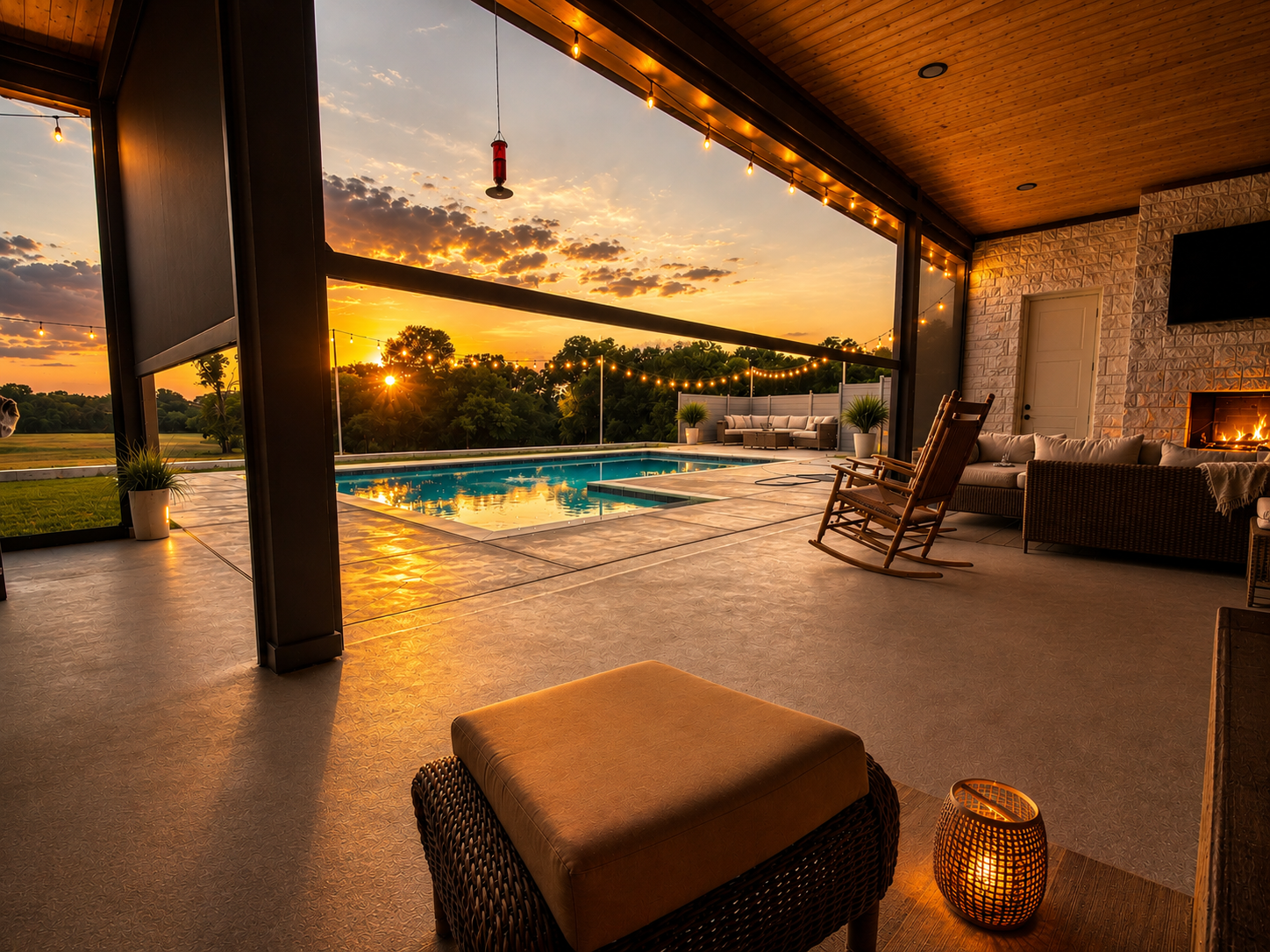 Covered Texas patio at sunset overlooking a pool, warm wood ceiling, rocking chairs and a stone fireplace