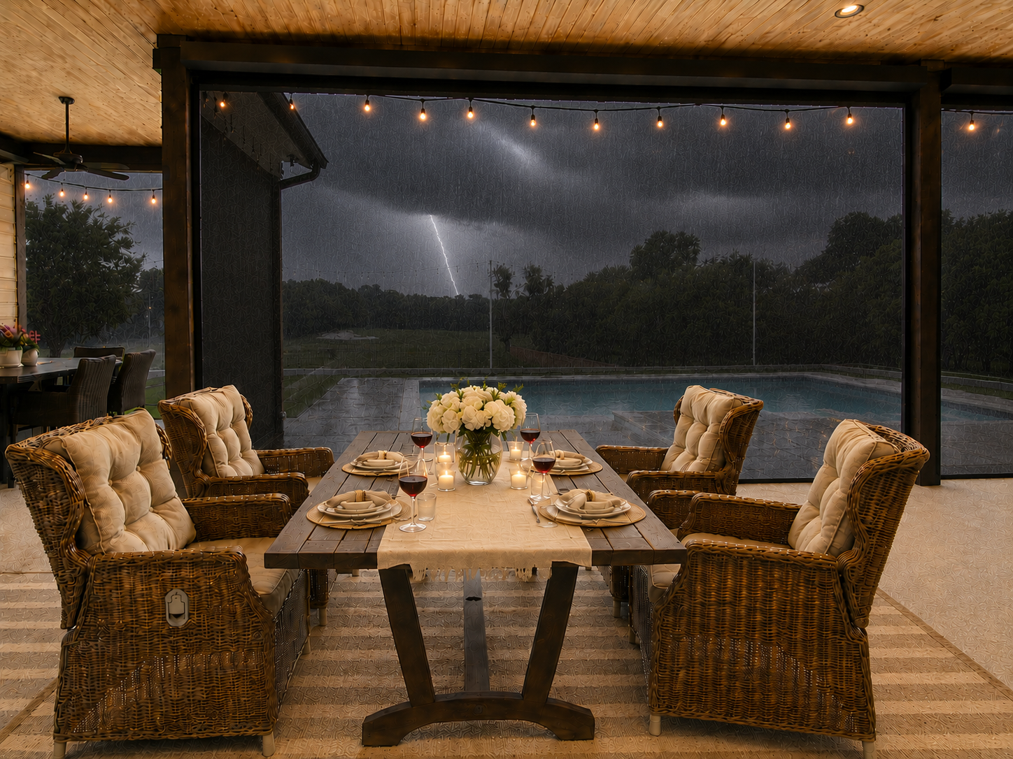 A covered patio dining area set for dinner, looking out through retractable screens at a dramatic Texas thunderstorm with lightning over a pool and landscape