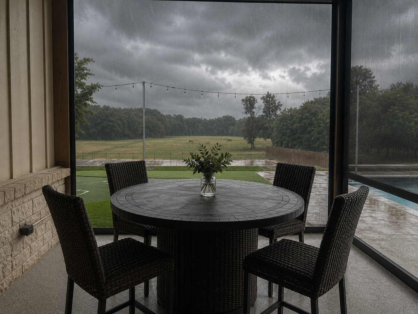 A covered patio with a round table and wicker chairs, looking out through retractable screens at a rainy Texas landscape with trees, open field, and horses in the distance