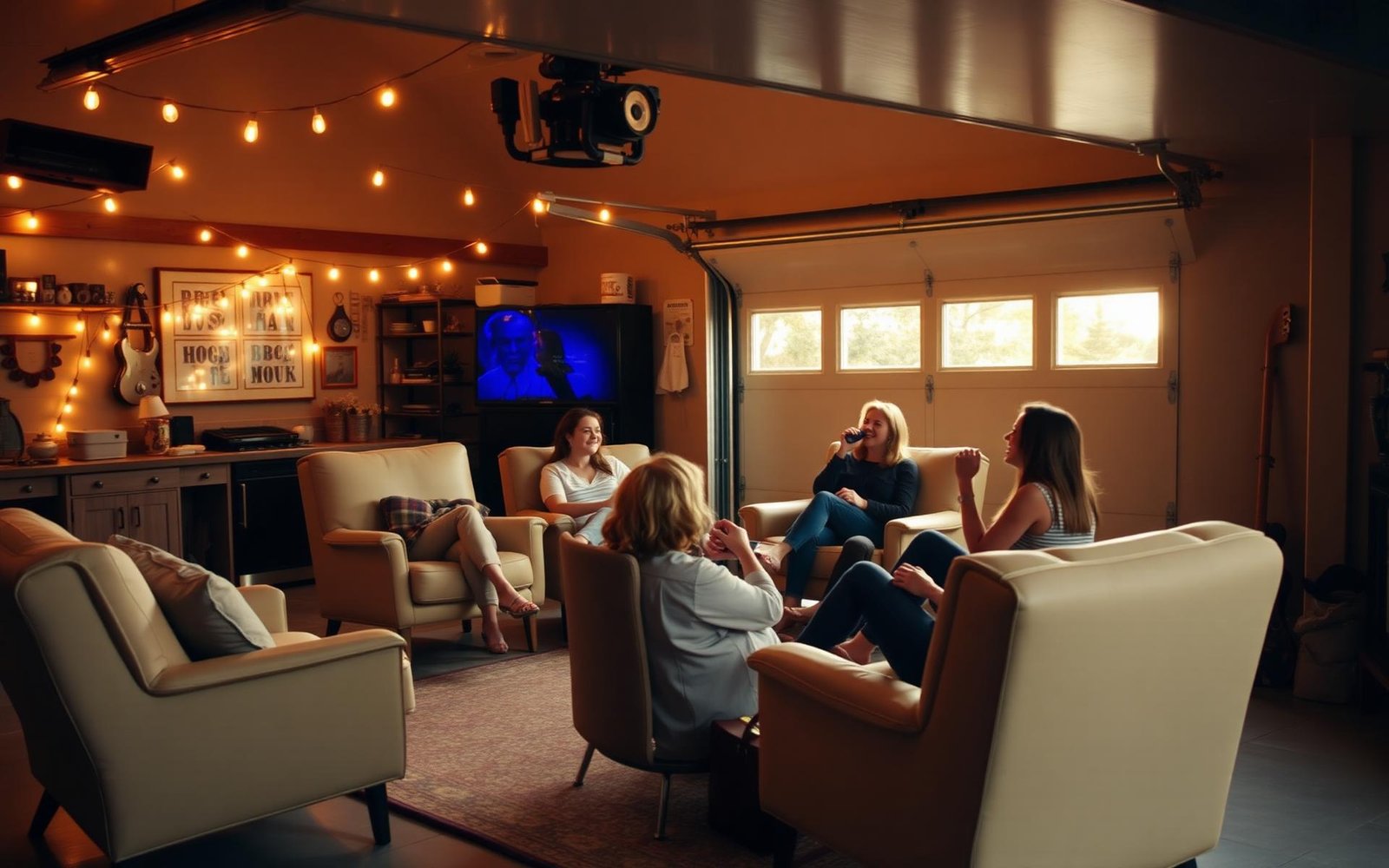 Friends gathered in a transformed garage under warm string lights.