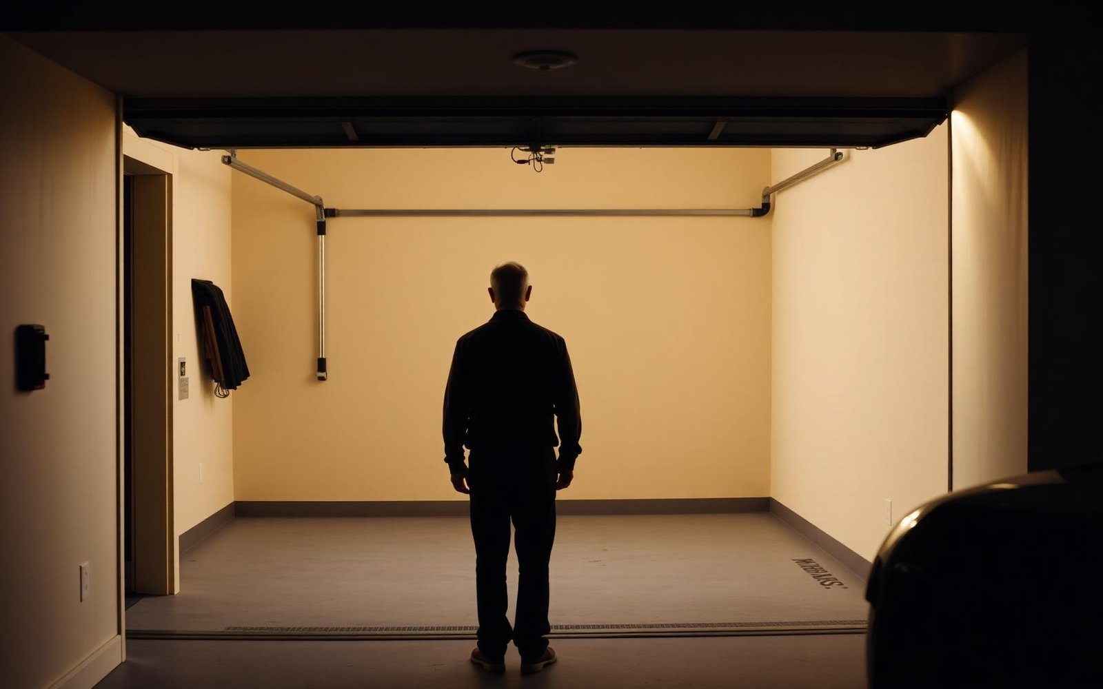 A homeowner standing in the open doorway of a garage, looking in.