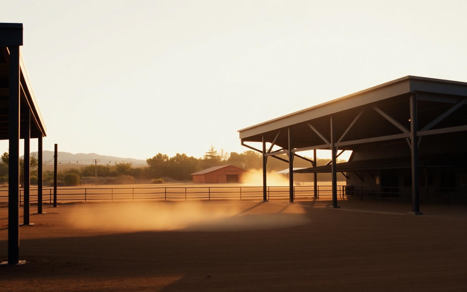 A luxury Texas ranch waking up at sunrise, soft light across a covered arena and distant barn.