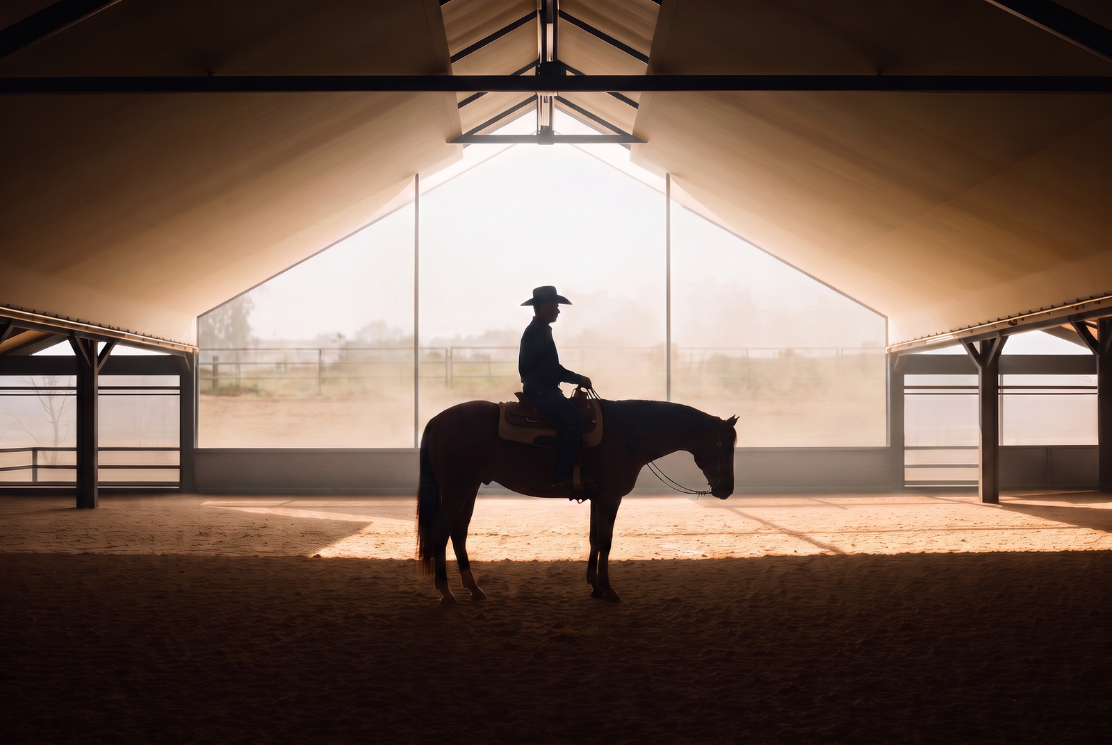 A rider training a horse inside a covered arena, continuous protection against wind and sun.